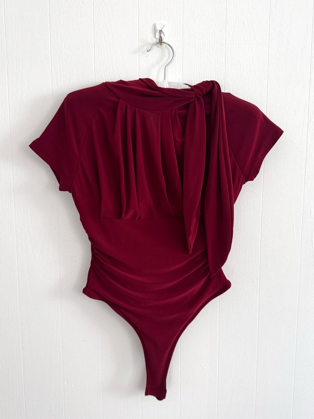 Burgundy One-Piece Bodysuit with Neck Tie